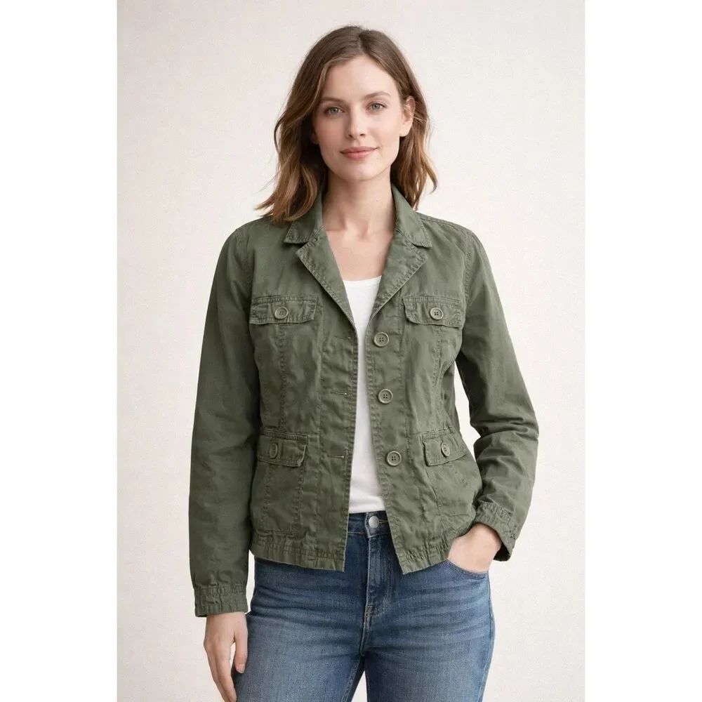 Talbots Petite 10 Olive Green Cotton Utility Jacket Womens Military